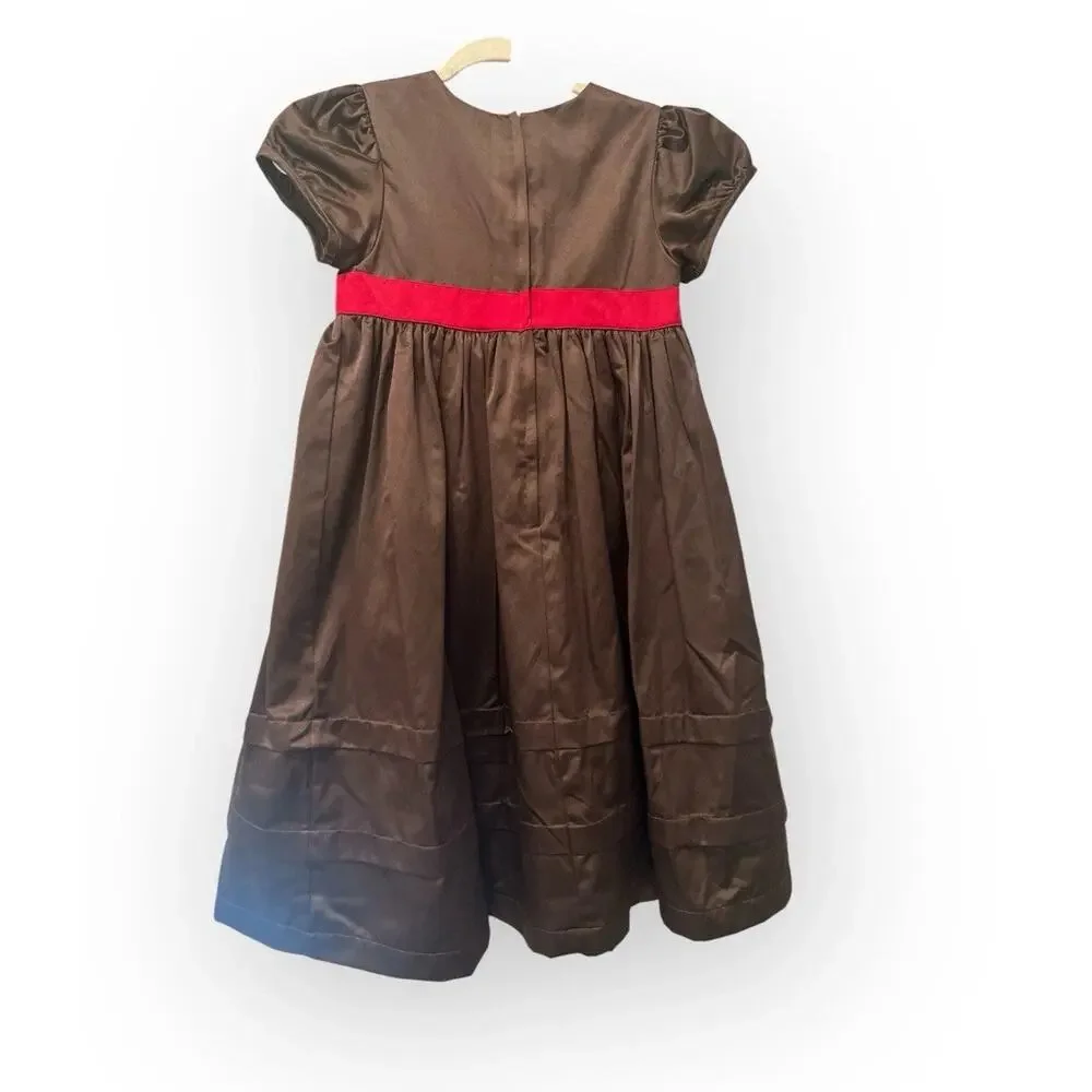 Gymboree Dress Girls Size 10 Brown‎ Satin Puff Sleeve Red Sash Flower Holiday